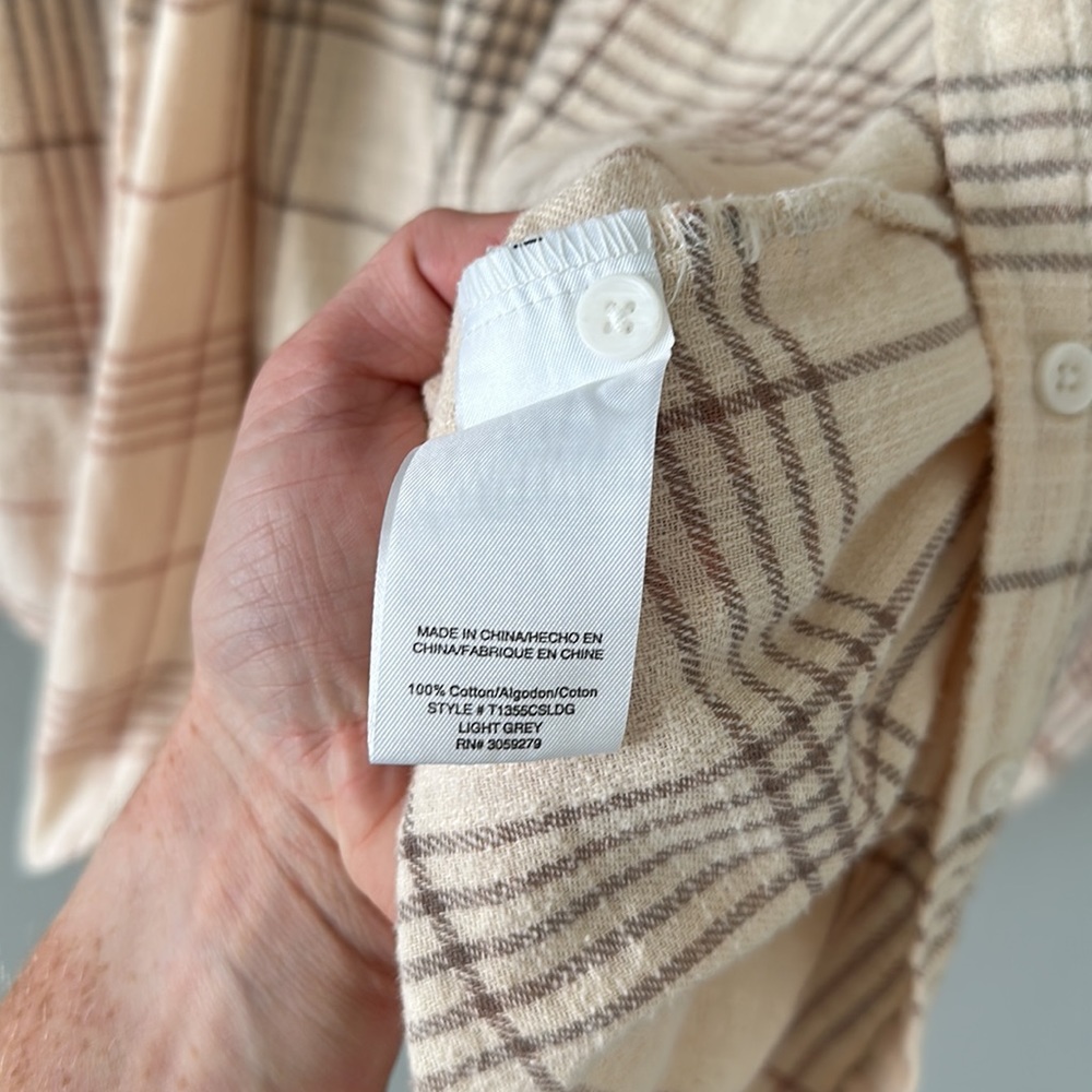 Thread & Supply Plaid Flannel Button Down Small Cream Gray Pink - Picture 7 of 11